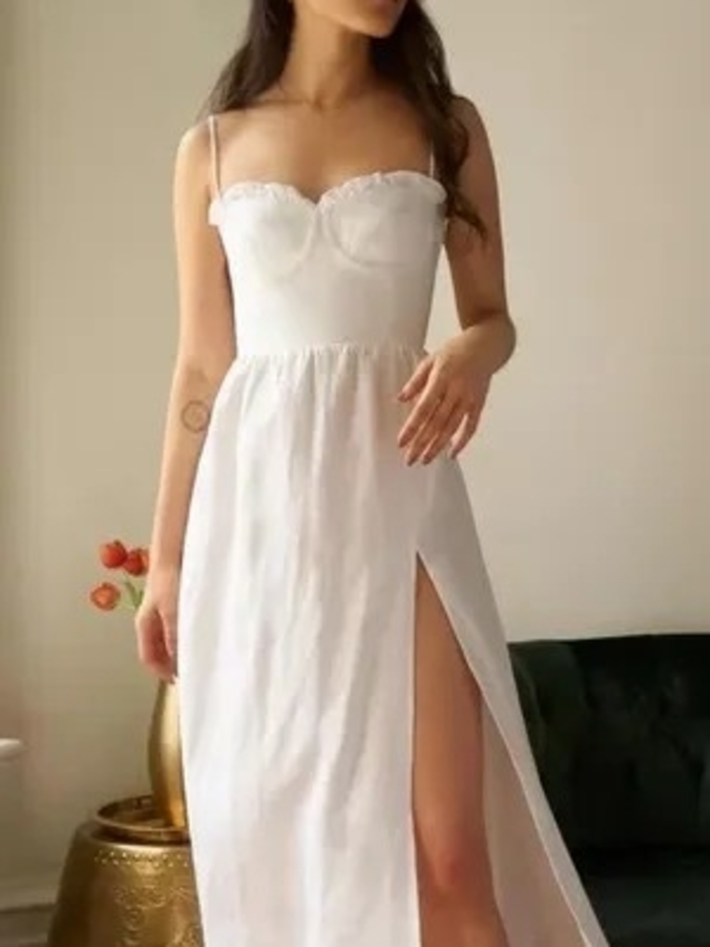Summer Vacation Dress In Linen w High Slit Sz 0 WHITE